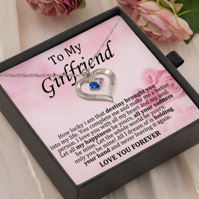 Personalised Heart Birthstone Necklace With Engraved Names For Girlfriend Gifts