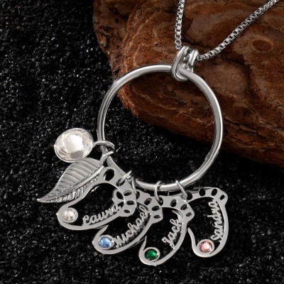 Personalised Circle Necklace with Custom Baby Feet and Birthstone For Mother Gift Ideas