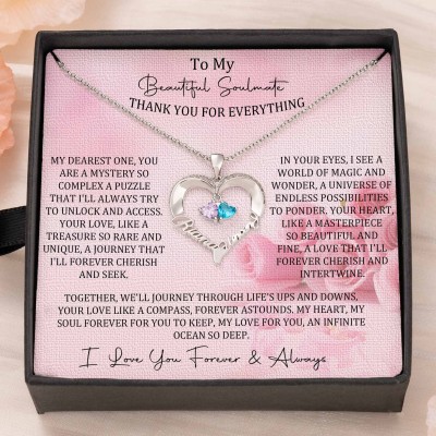 Personalised Couple Heart Name Necklace with Birthstones For Anniversary