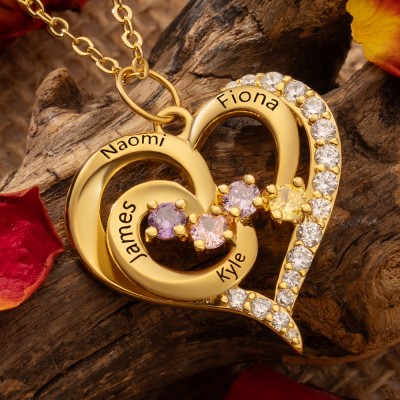 Personalised Heart Name Necklace with Birthstone For Wife Mum Mother's Day Gift