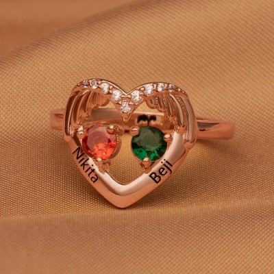 Custom Couple Names Heart Ring With Birthstones Valentine's Day Gifts