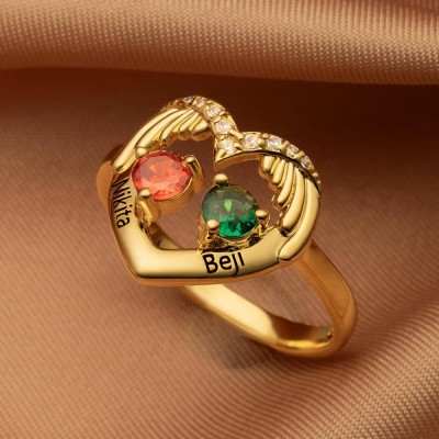 Custom Couple Names Heart Ring With Birthstones Valentine's Day Gifts