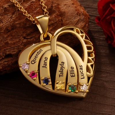 Personalised Heart Mum Necklace with Kids Names and Birthstone For Mother's Day