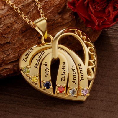Personalised Heart Mum Necklace with Kids Names and Birthstone For Mother's Day