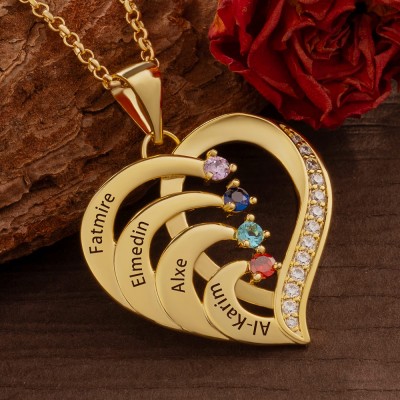 Personalised Heart Necklace with Names and Birthstones For Mum Mother's Day