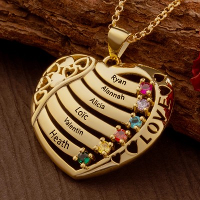 Personalised Heart Necklace with Names and Birthstones For Mum Mother's Day