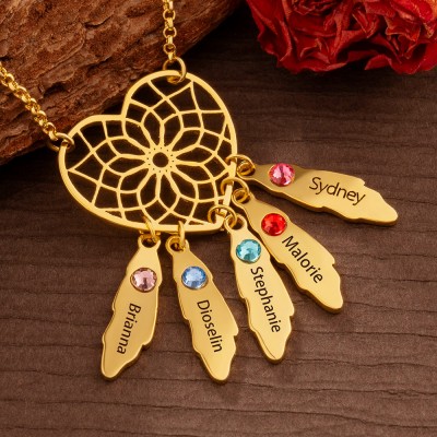Personalised Heart Dream Net Necklace with Names and Birthstones For Mum Mother's Day
