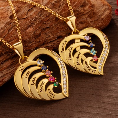 Personalised Heart Necklace with Names and Birthstones For Mum Mother's Day