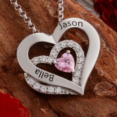 Personalised Couple Names Heart Necklace With Birthstones Valentine's Day Gifts