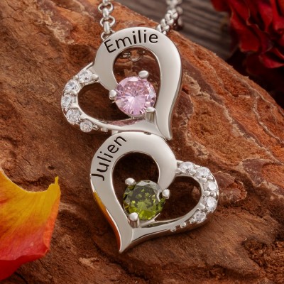 Personalised Lover's Birthstone Matching Necklace with 2 Heart Pendents Gifts For Her