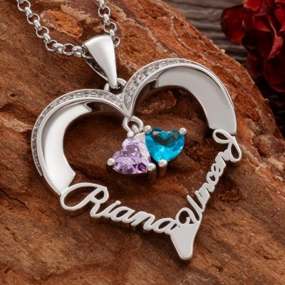 Personalised Heart Necklaces With 2 Names and Birthstones For Soulmate Girlfriend Valentine's Day