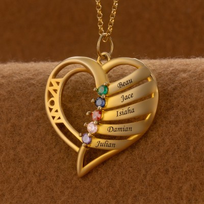 Personalised Heart Mum Necklace with Kids Names and Birthstone For Mother's Day