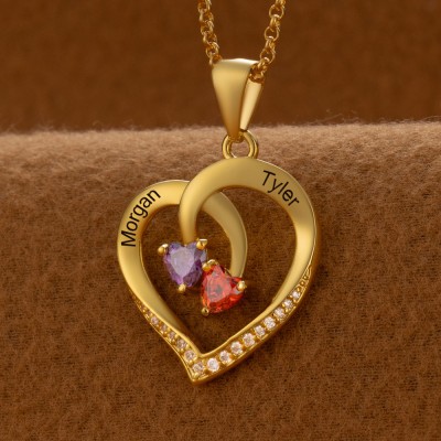 Personalised Heart Necklace with Birthstones and Names For Her