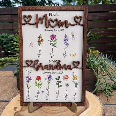 First Mum Now Grandma Wooden Sign Personalised Birth Month Flowers Gift From Kids For Mum Grandma Mother's Day Birthday