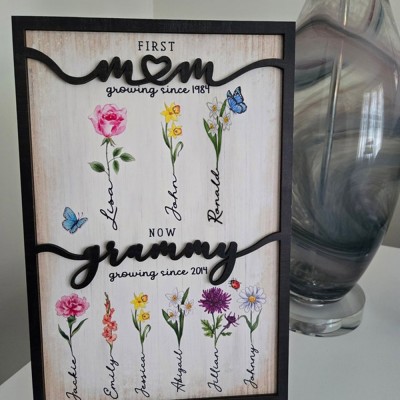 Personalised First Mum Now Grandma Birth Month Flower Wooden Sign With Kids Name Mother's Day Birthday Gift