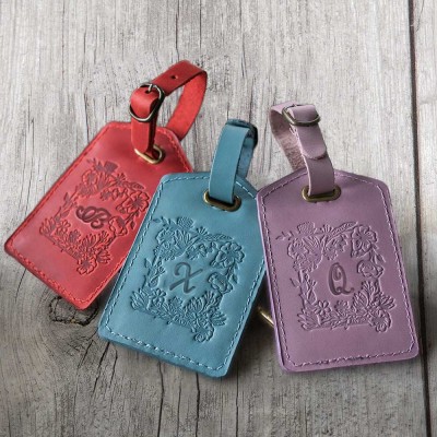 Personalised Leather Luggage Tag with Engraved Initial For Travel Gift
