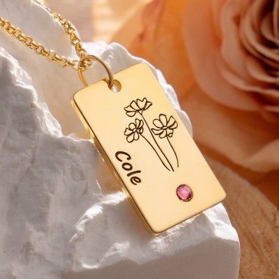 Custom October Dainty Birth Floral Necklace With Birthstone For Kids Gift Ideas