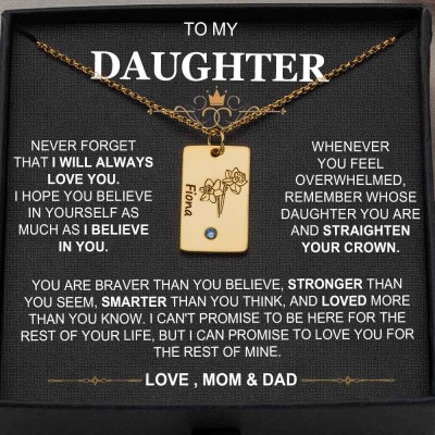 Personalised To My Daughter Birth Flower Necklace With Kid Name and Birthstone For Birthday Gifts