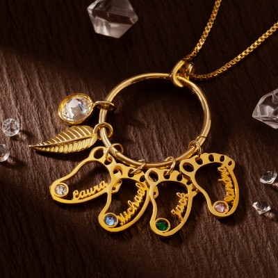 Personalised Circle Necklace with Custom Baby Feet and Birthstone For Mother Gift Ideas