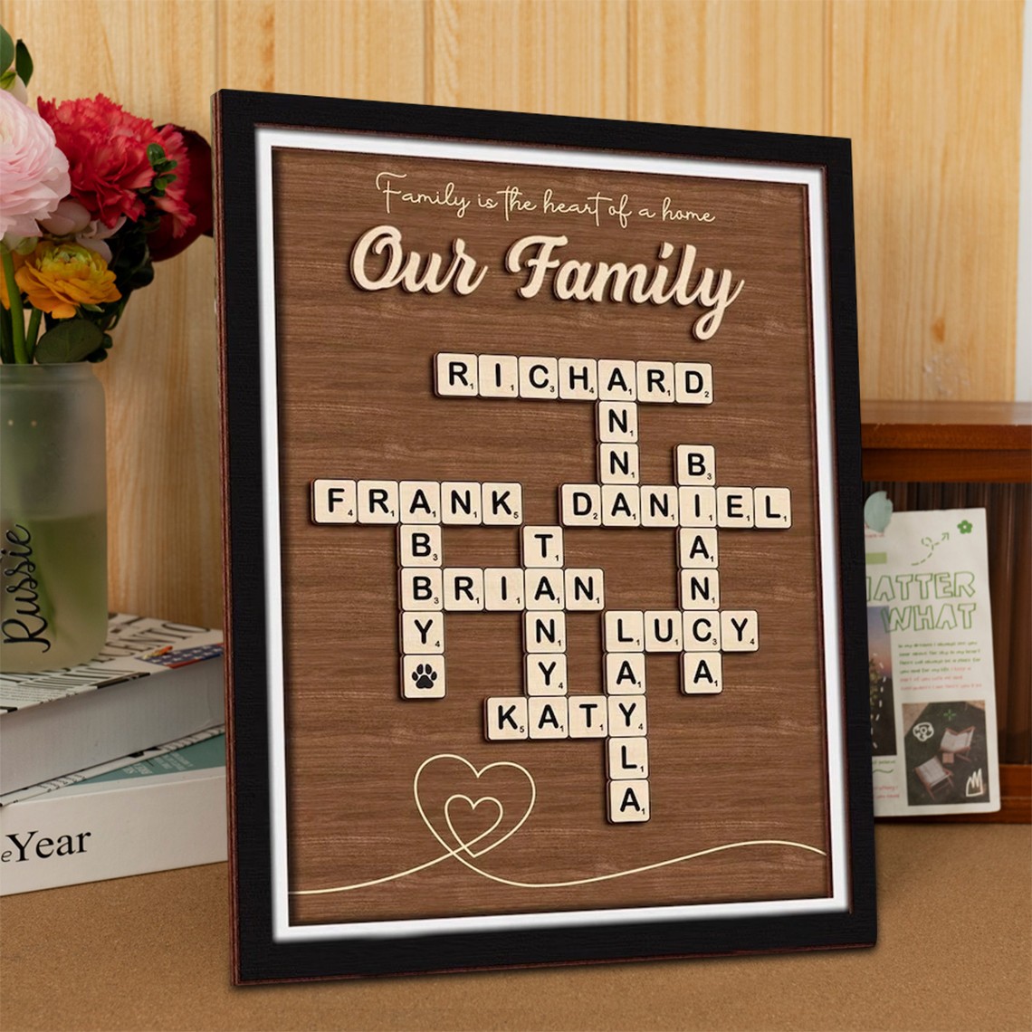 Individuell gestaltetes Kreuzworträtsel-Scrabble-Puzzle-Holzschild mit Familiennamen – Geschenkidee zu Weihnachten oder zum Jahrestag