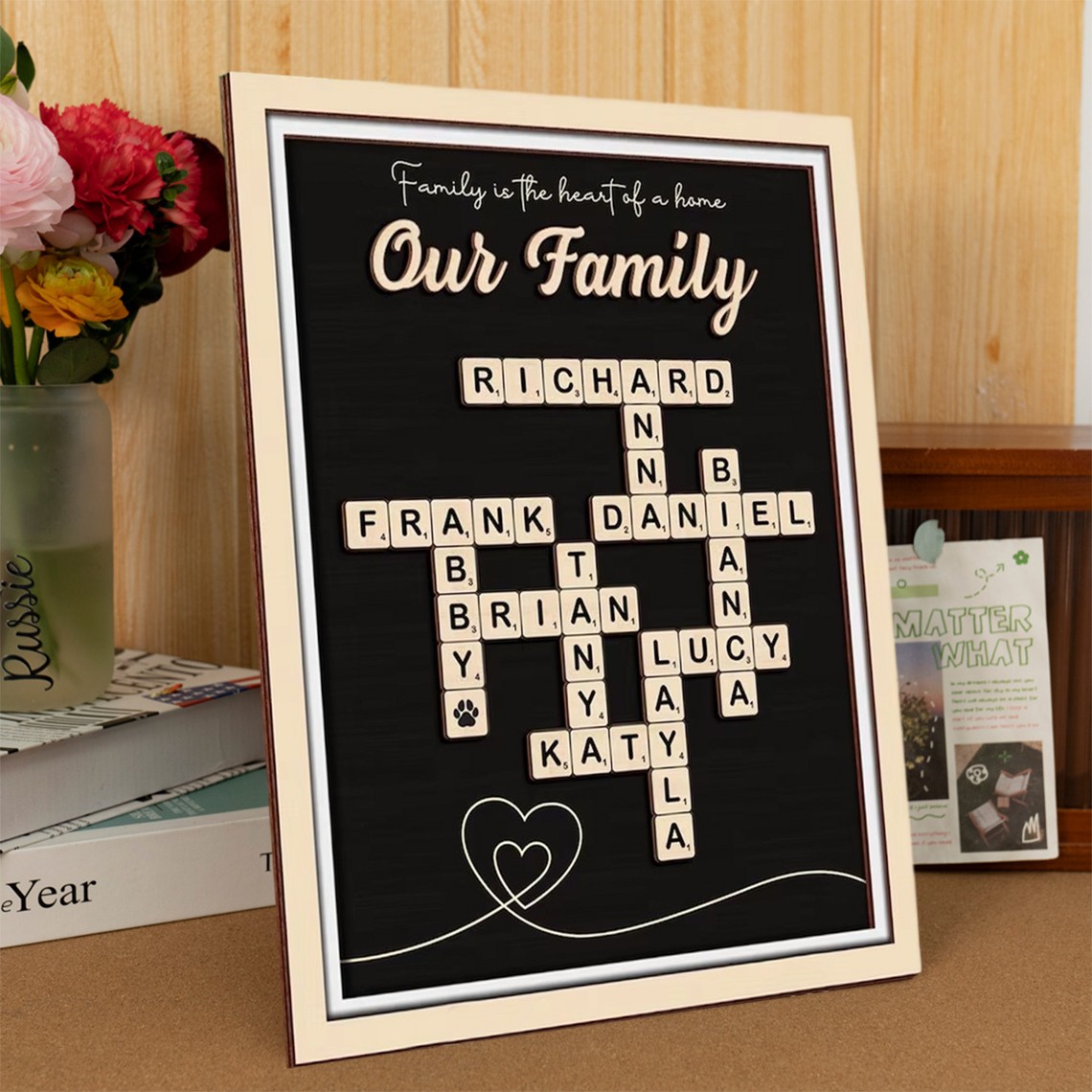 Individuell gestaltetes Kreuzworträtsel-Scrabble-Puzzle-Holzschild mit Familiennamen – Geschenkidee zu Weihnachten oder zum Jahrestag