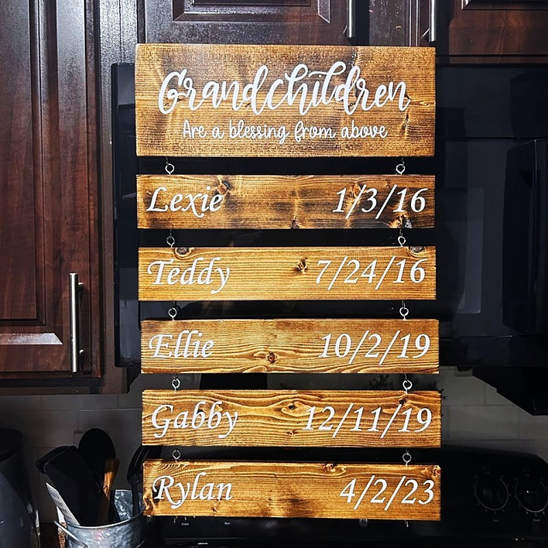 Personalisierte Großeltern Zeichen mit Namen und Geburtsdaten der Enkelkinder für Weihnachtsgeschenk