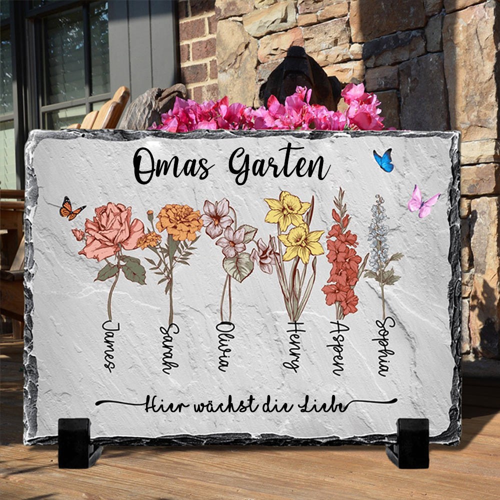 Personalisierte Omas Garten Stein mit Enkelkinder Geburt Monat Blume und Name für Mama Oma Muttertag Geburtstag Geschenk