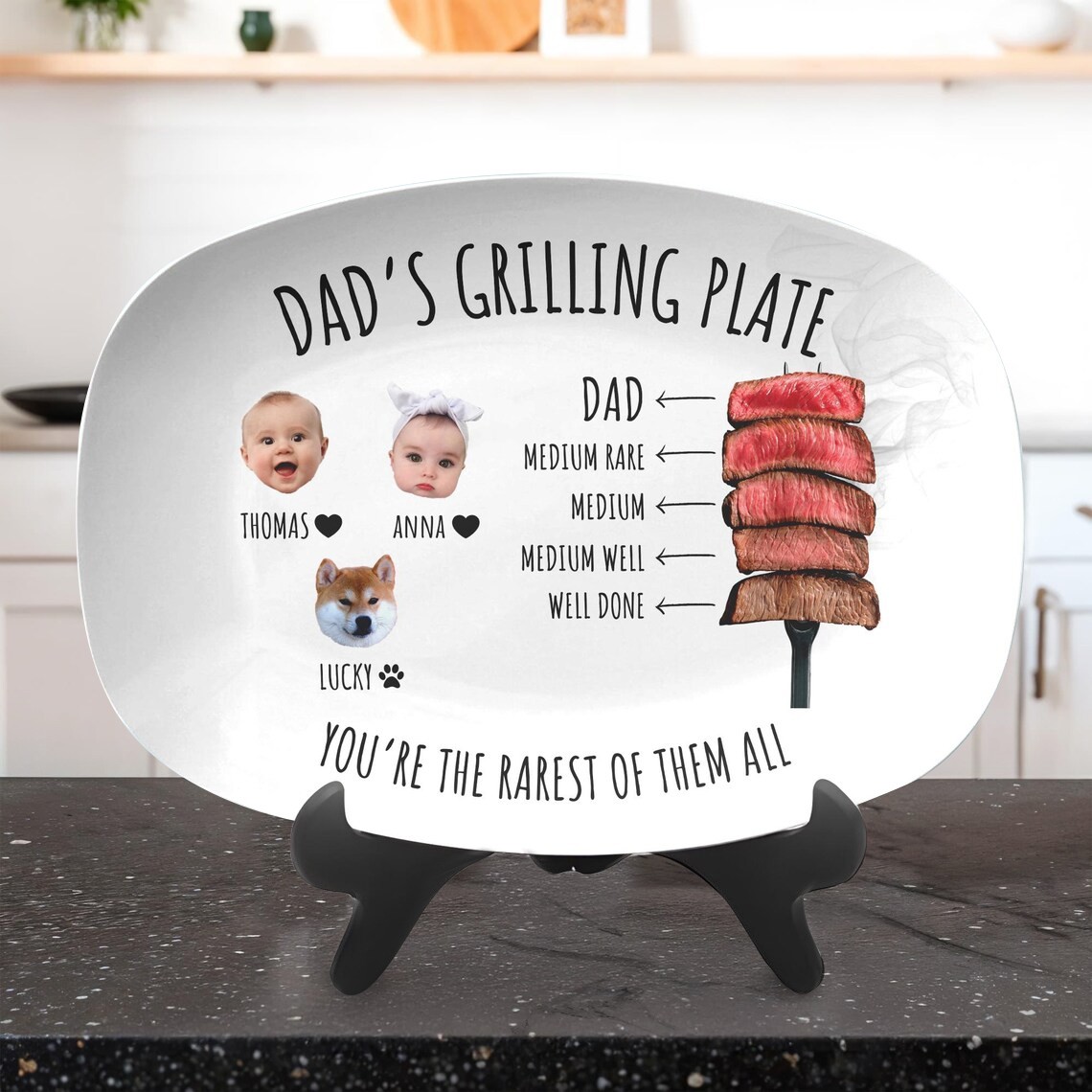 Personalisierte Grillplatte mit Namen und Foto der Kinder – das perfekte Vatertagsgeschenk für Papa