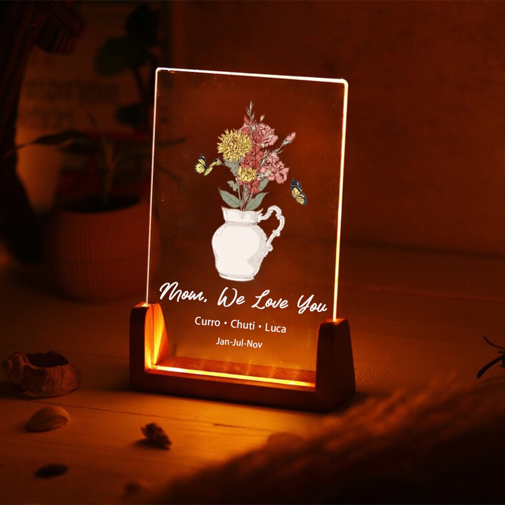 Benutzerdefinierte Geburt Blumenstrauß Acryl Led Nachtlicht für Mama Oma Weihnachtsgeschenk