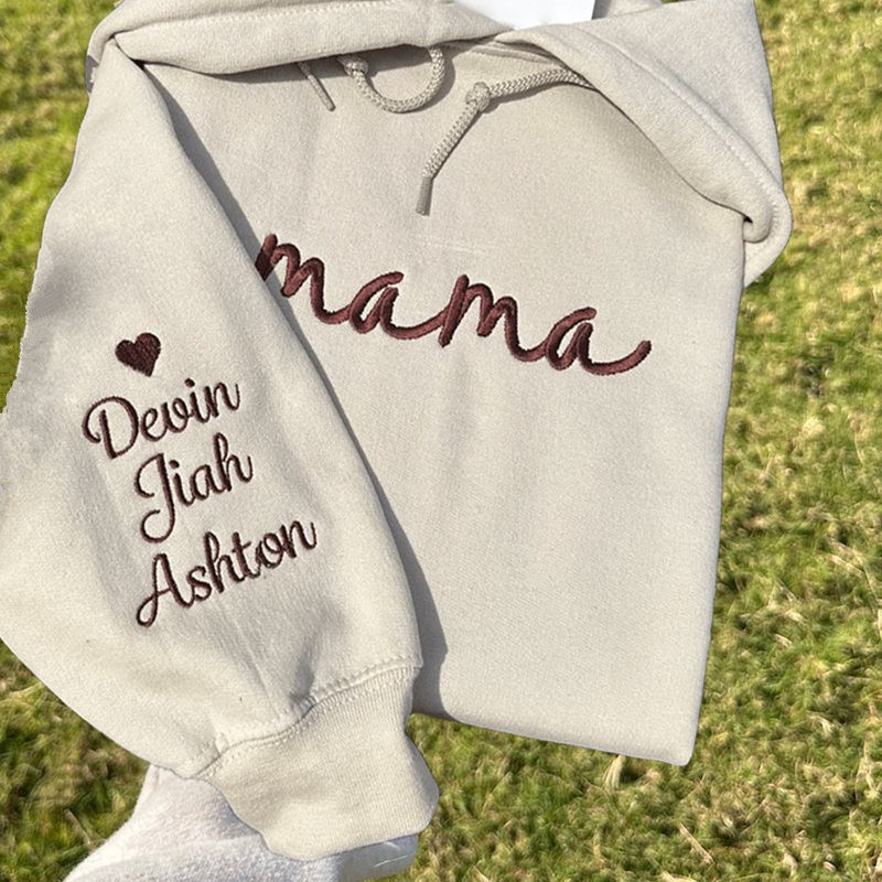 Personalisierte Bestickt MAMA Hoodie Sweatshirt mit Kindernamen auf Ärmel für neue Mutter Großmutter Muttertag Geschenk