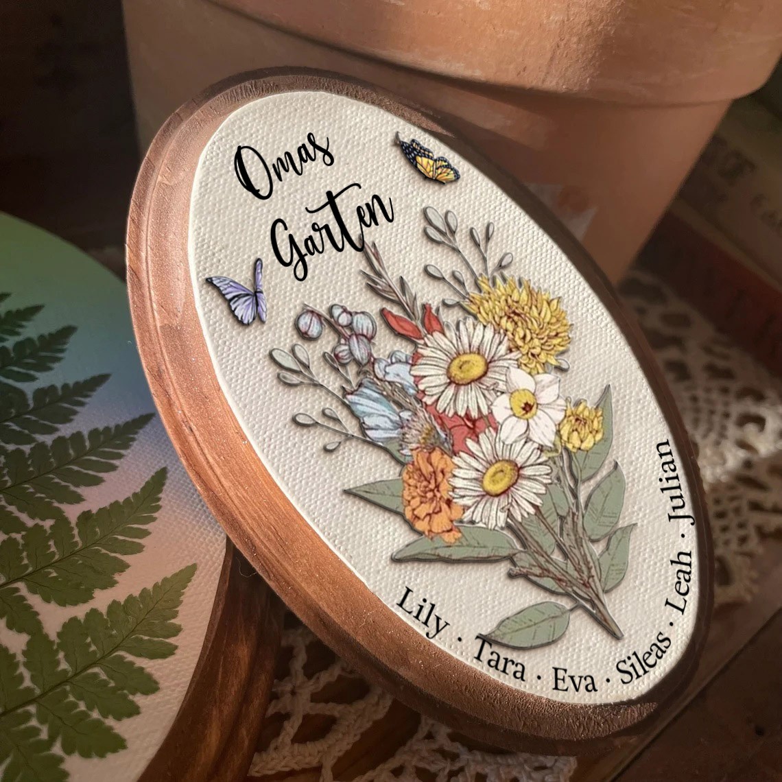 Personalisierte Omas Garten Geburt Blumenstrauß Kunst Oval Holz Zeichen für Familie Mama Oma Muttertagsgeschenk