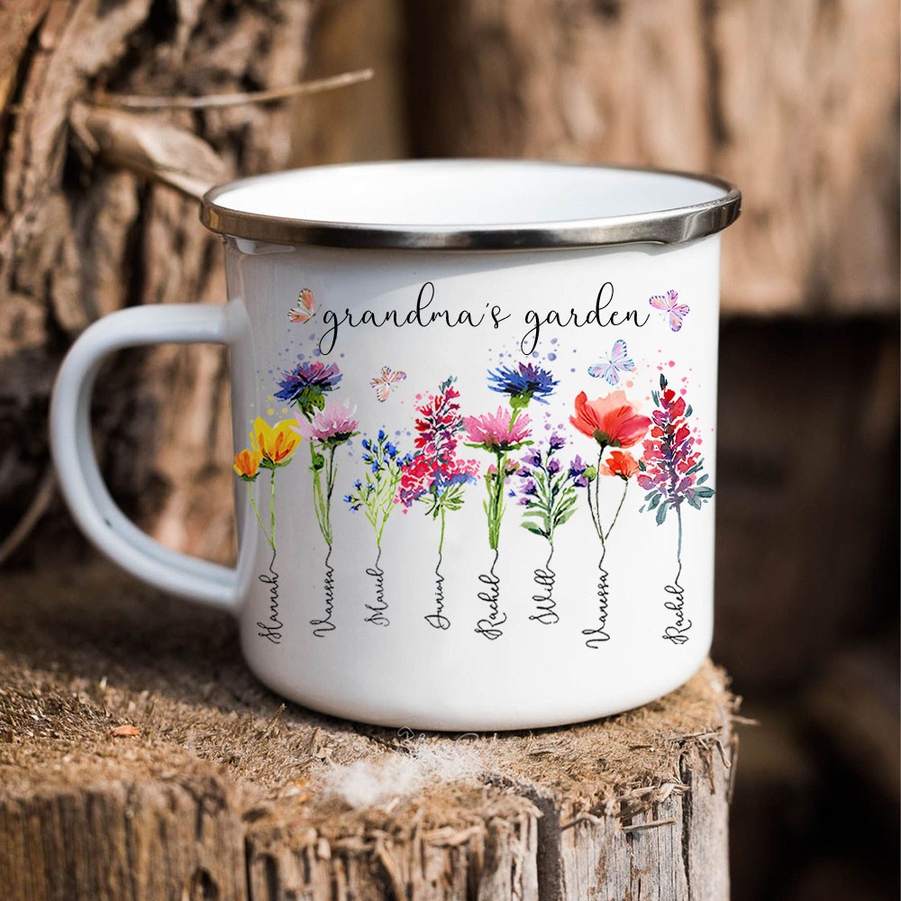 Benutzerdefinierte Großmutters Garten Geburt Blume Becher mit Enkel Namen für Muttertag Familie Geschenkideen