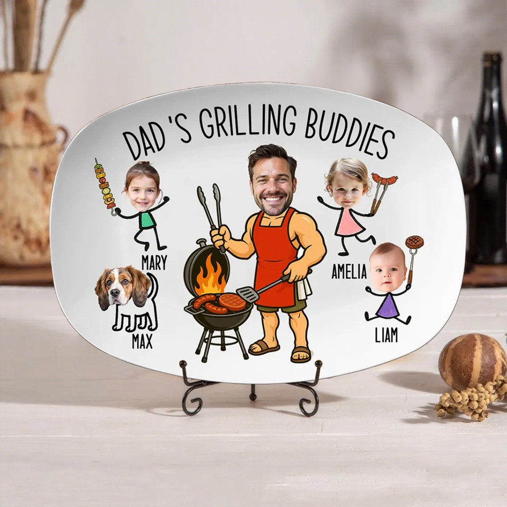 Personalisierter Grillteller „Daddy's Grillbuddies“ mit Namen und Foto der Kinder – das perfekte Vatertagsgeschenk für den Grillkönig-Papa