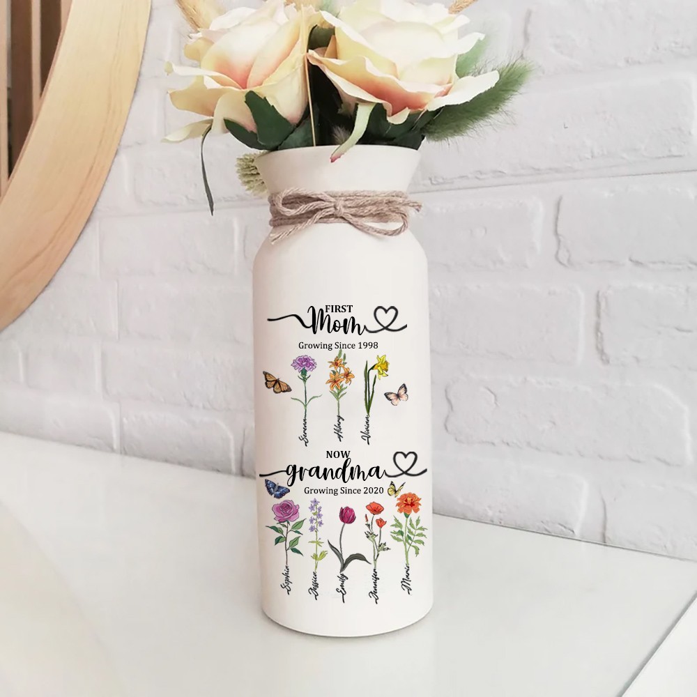 Benutzerdefinierte Omas Garten Geburt Blumenvase mit Kindernamen für Oma Mom Jahrestag Geschenk