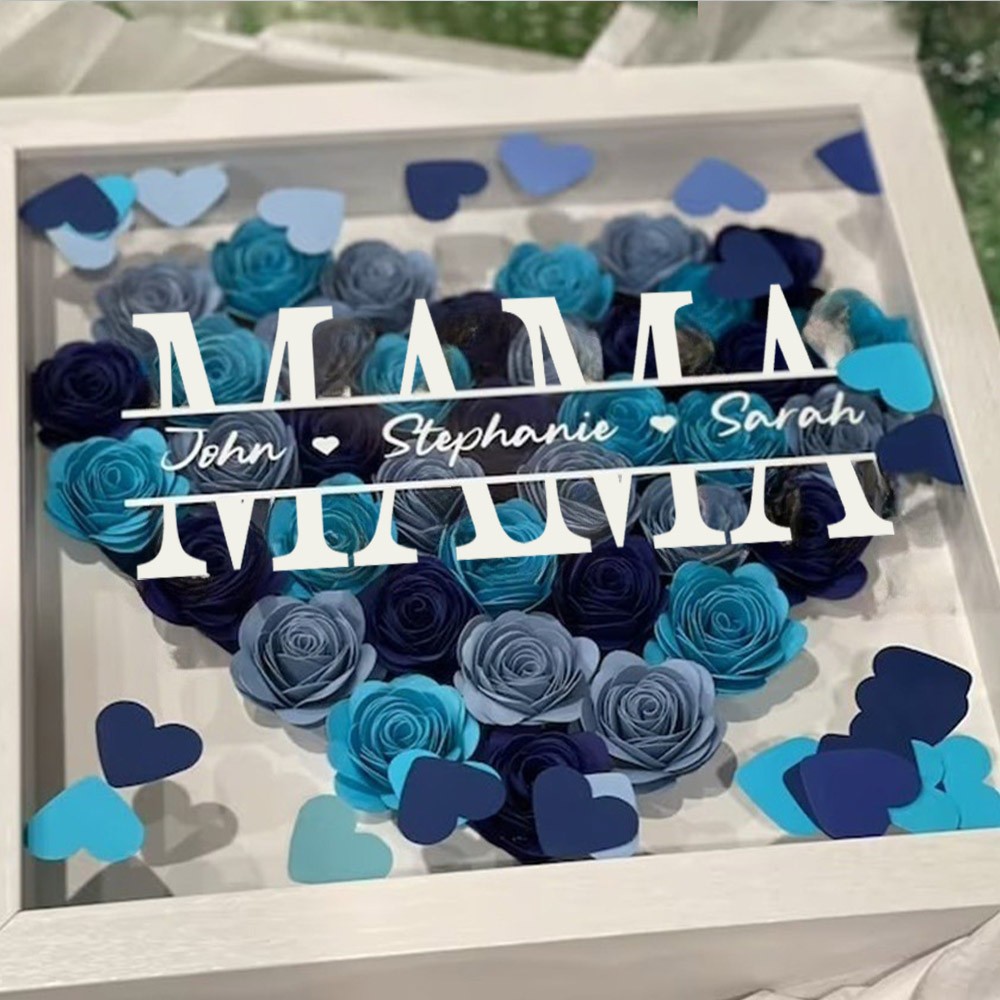 Personalisierte Mama Blume Schatten Box mit Kindernamen für Muttertag Geschenk