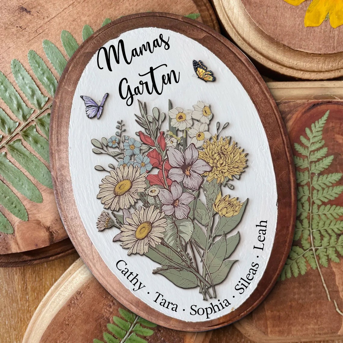Personalisierte Mama's Garten Geburt Blumenstrauß Kunst Oval Holz Zeichen mit Kindern Namen für Familie Muttertag Geschenk