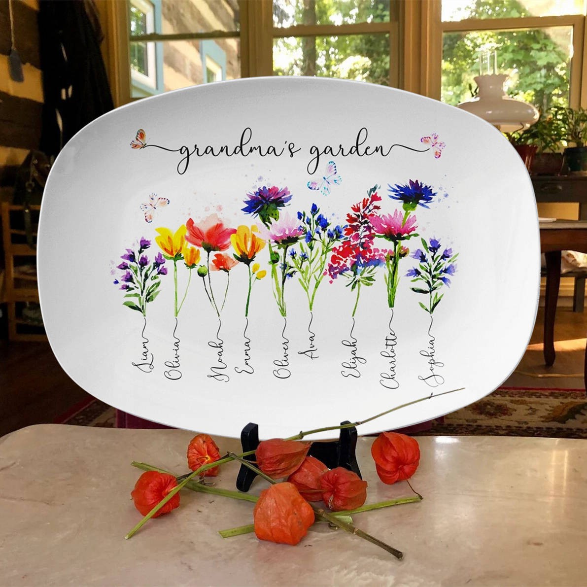 Benutzerdefinierte Omas Garten Geburt Blume Platte mit Enkelkinder Namen für Weihnachten Familie Geschenkideen