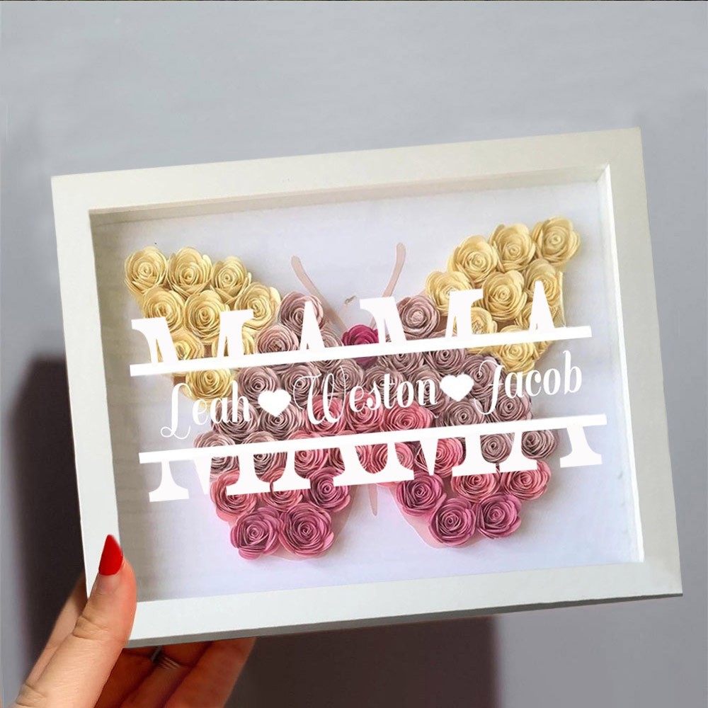 Benutzerdefinierte Schmetterling Mama Blume Schattenbox mit Kindern Namen für Weihnachtsgeschenk