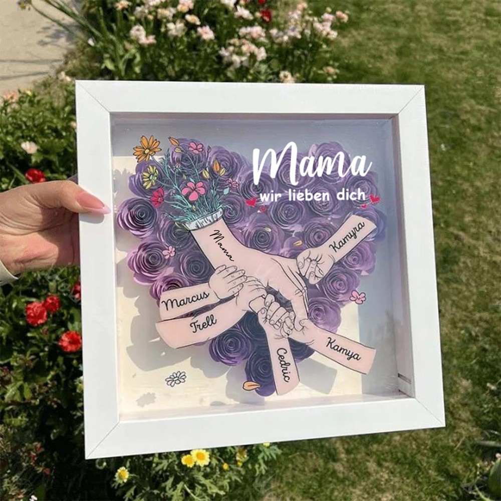 Personalisierte Blume Hand in Hand Mama Schattenbox mit Kindern Namen für Muttertag Geschenk