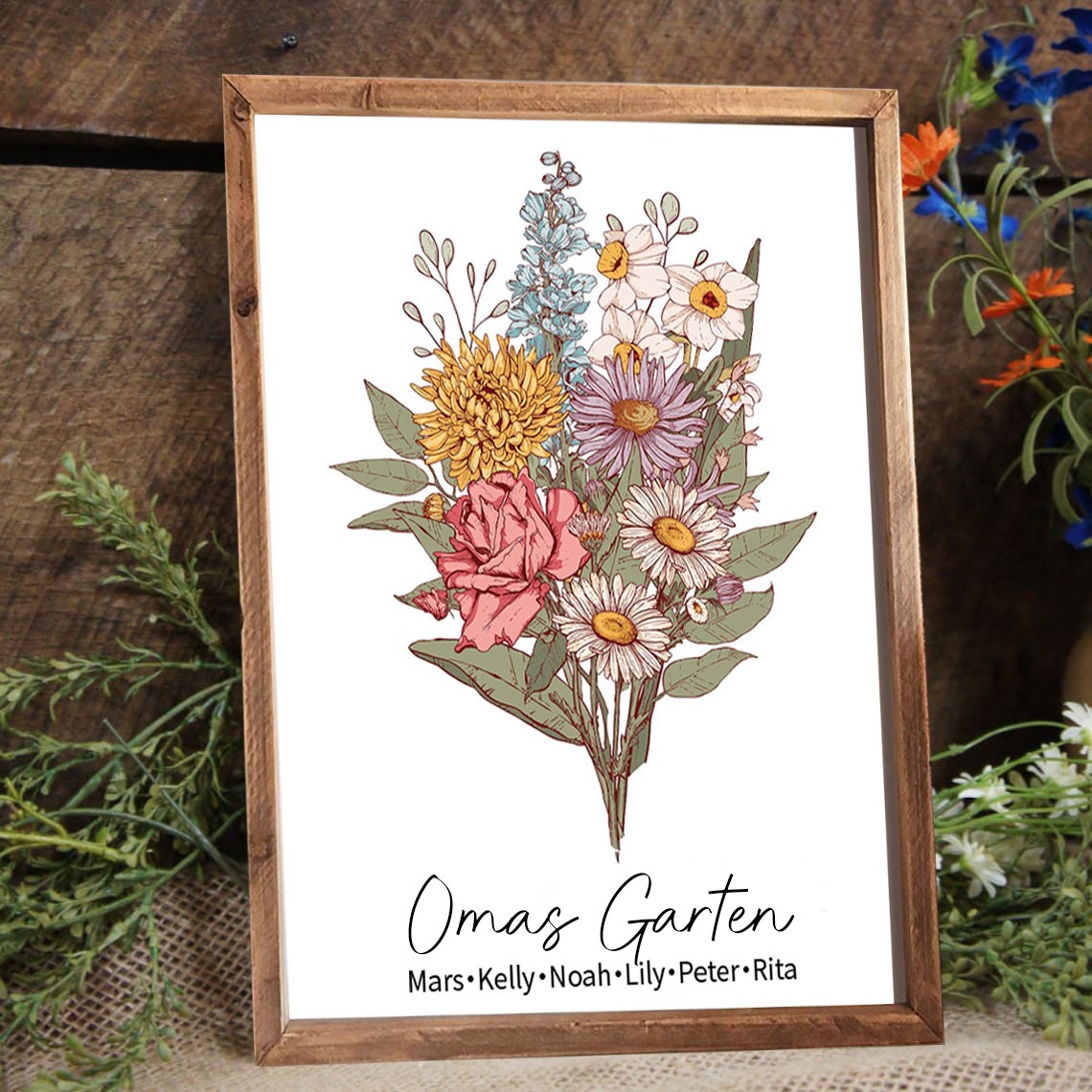 Benutzerdefinierte Großmutters Garten Geburt Blumenstrauß Rahmen mit Kindernamen für Weihnachten Geschenkideen