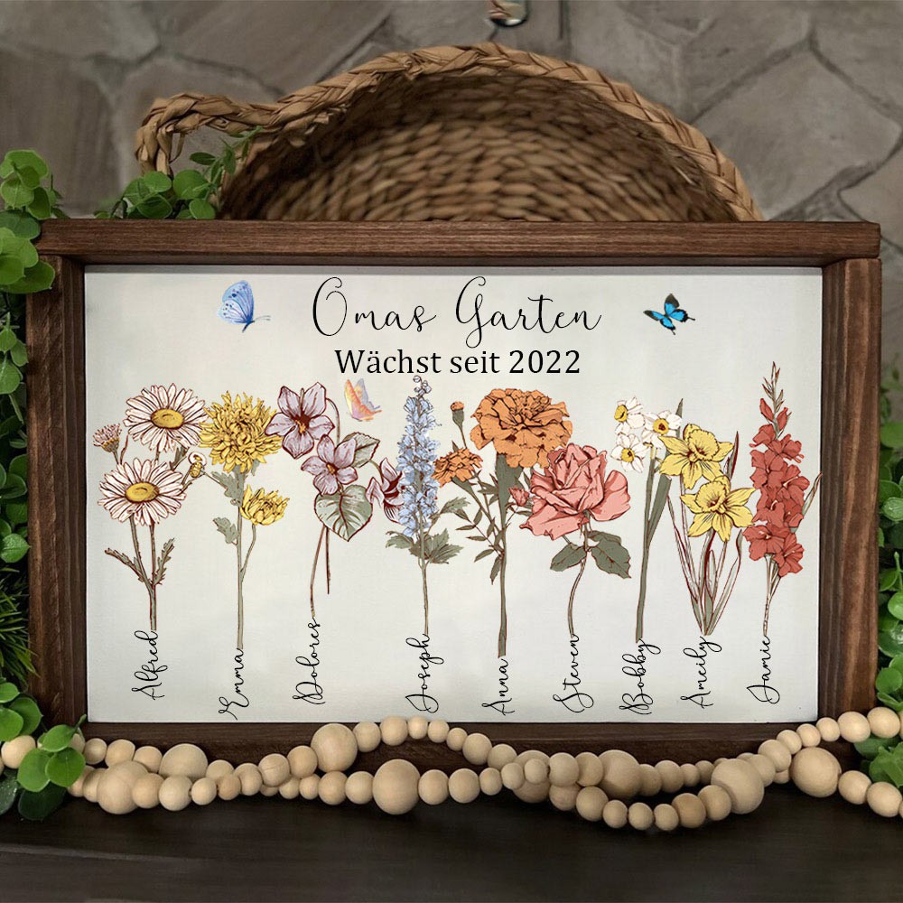 Personalisierte Omas Garten hölzernen Rahmen mit Enkelkinder Geburt Monat Blume und Name für Mama Oma Muttertag Geschenk