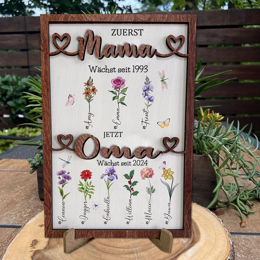 Erste Mama jetzt Oma Holz Zeichen personalisierte Geburt Monat Blumen Geschenk von Kindern für Mama Oma Muttertag Geburtstag
