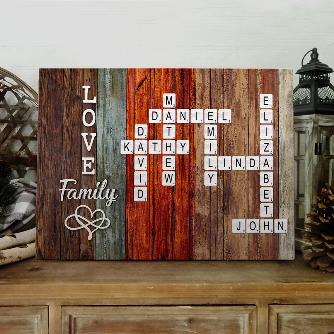 Personalisiertes Kreuzworträtsel-Scrabble-Karten-Namensschild für die Familie – als Weihnachts- oder Jahrestagsgeschenk
