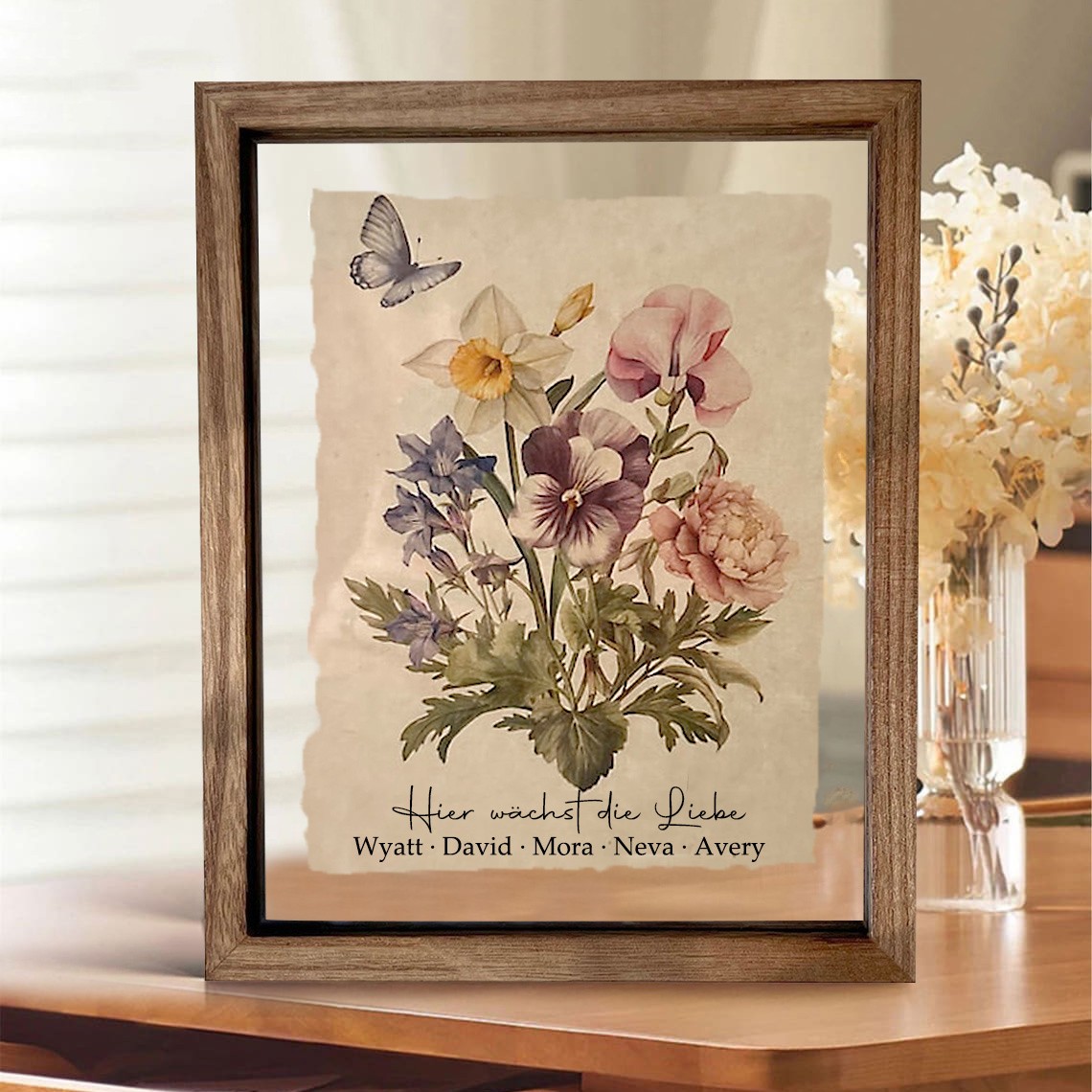 Benutzerdefinierte Geburt Blume Familie Bouquet Frame Antike Home Art für Mama Oma Weihnachtsgeschenk