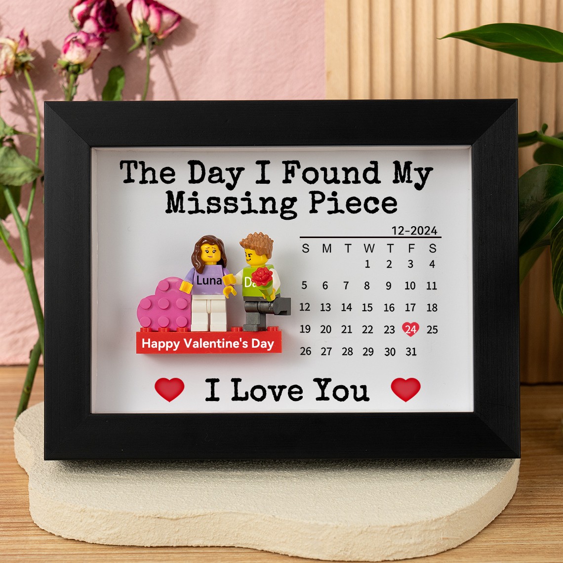 Der Tag, An Dem Ich Mein Fehlendes Teil Fand Personalisiertes Paar-Minifiguren-Kalender-Rahmen Als Valentinstagsgeschenk