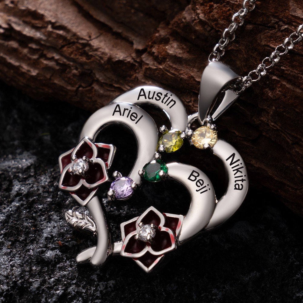 Personalisierte Blume Herz Name Halskette mit Geburtsstein für Muttertag Geschenk
