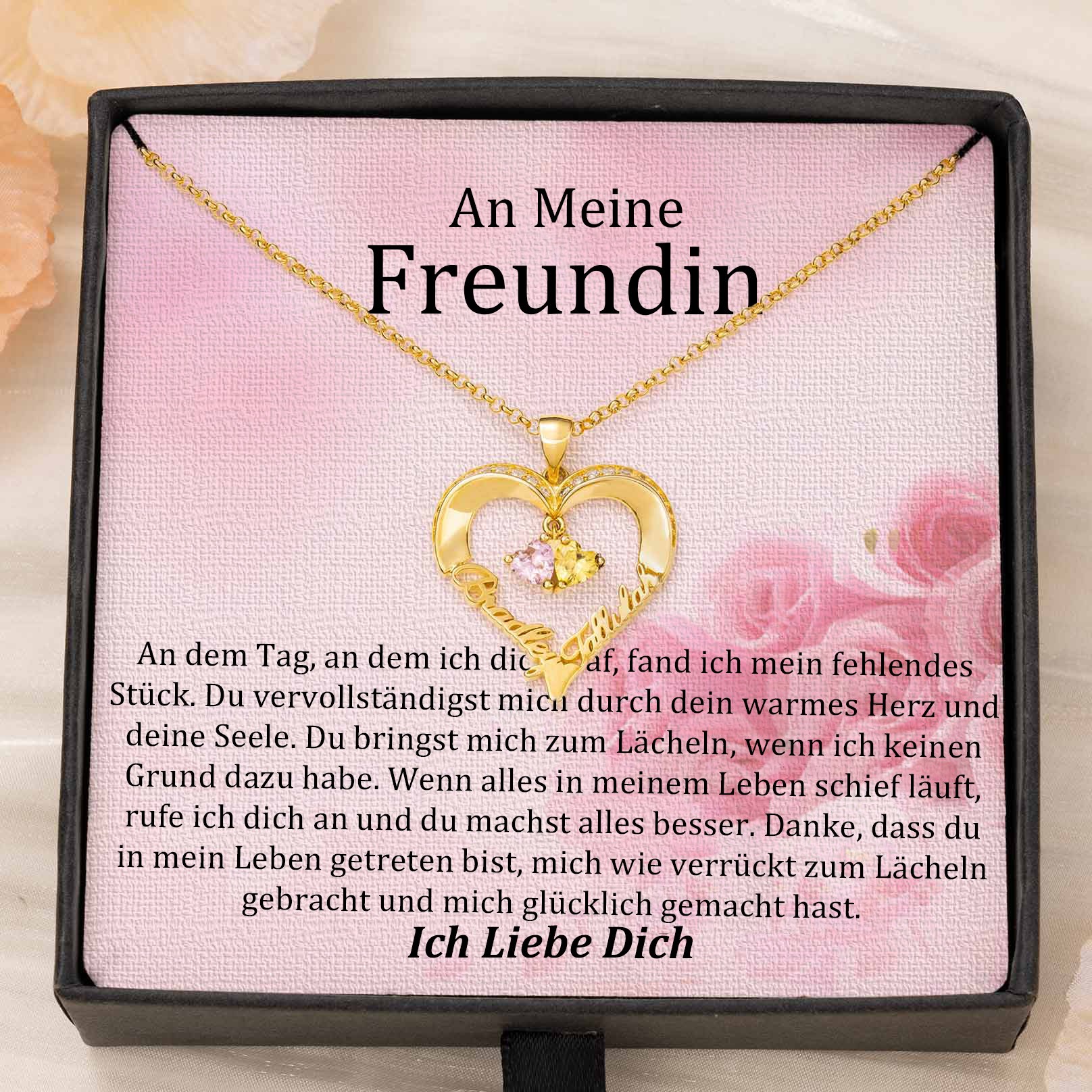 Personalisierte Herz-Namenskette für Paare mit Geburtssteinen zum Jahrestag