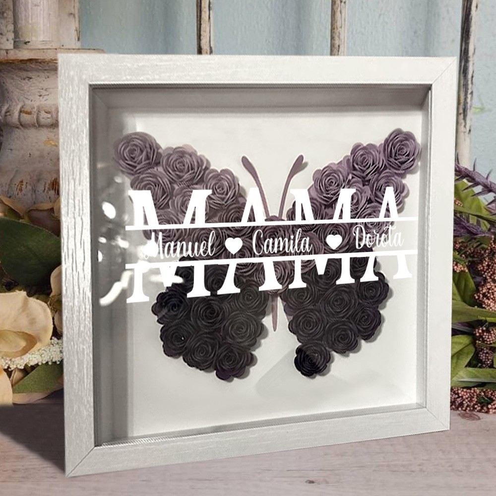 Benutzerdefinierte Schmetterling Mama Blume Schattenbox mit Kindern Namen für Weihnachtsgeschenk