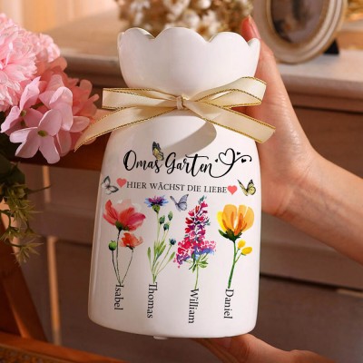 Individuelle Oma's Garden Geburtsmonat Blumenvase mit Kindernamen für Mama Oma Geburtstag Muttertag Geschenk