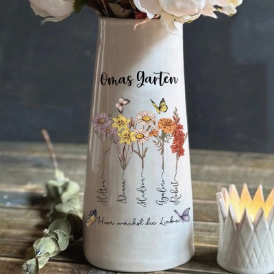 Personalisierte Omas Garten Vase mit Grandkids Geburt Monat Blume und Name für Mama Oma Muttertag Geschenk